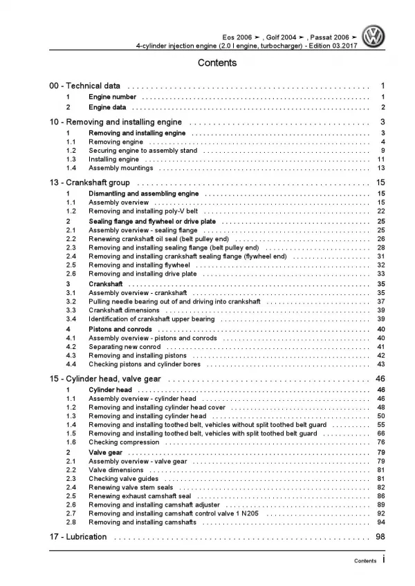 VW EOS type 1F 2006-2015 4-cyl. 2.0l petrol engines 200 hp repair manual pdf 