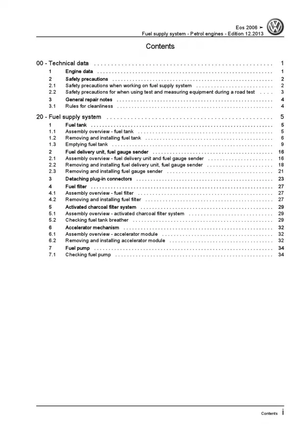 VW EOS type 1F 2006-2015 fuel supply system petrol engines repair manual pdf