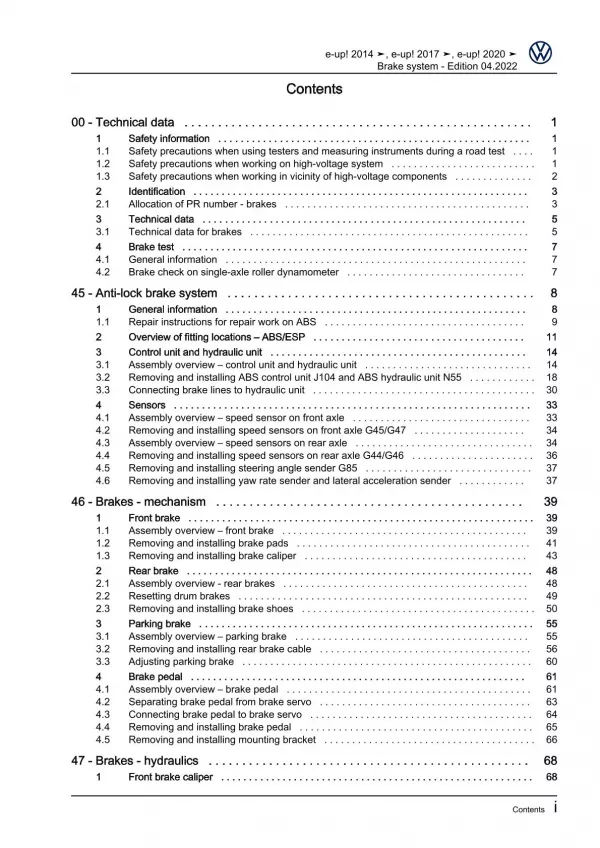 VW eUp! type BL1 2013-2016 brake systems repair workshop manual pdf ebook