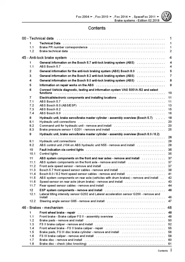 VW Fox type 5Z from 2003 brake systems repair workshop manual pdf ebook