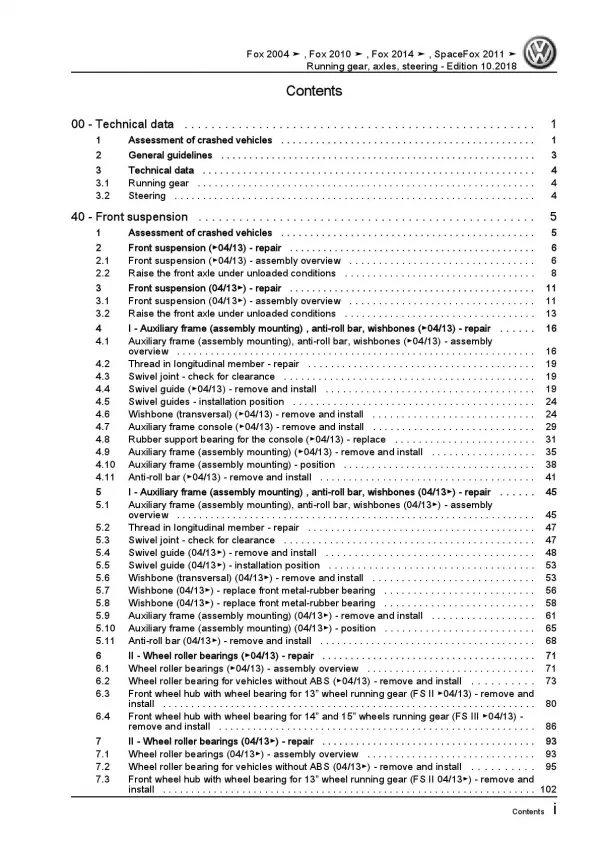 VW Fox type 5Z from 2003 running gear axles steering repair workshop manual pdf