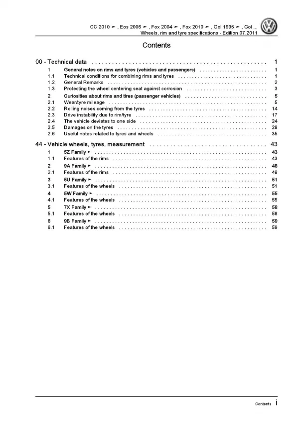 VW Fox type 5Z (03>) wheels rim tyre specifications repair workshop manual pdf