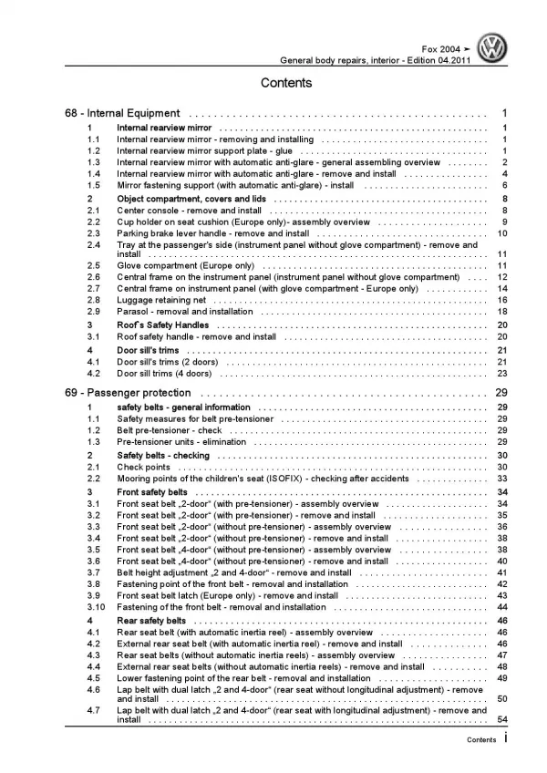VW Fox type 5Z (03-09) general body repairs interior repair workshop manual pdf