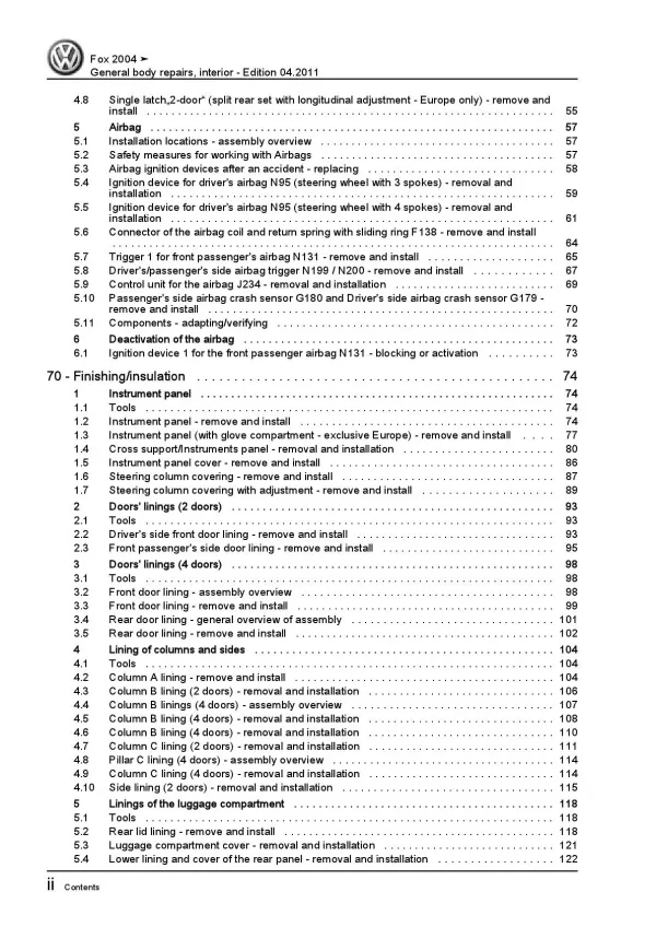 VW Fox type 5Z (03-09) general body repairs interior repair workshop manual pdf