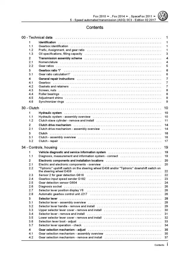 VW Fox type 5Z (10-21) 5 speed automatic gearbox 0C3 repair workshop manual pdf