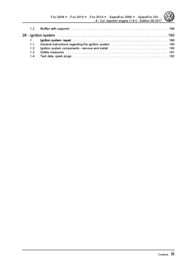 VW Fox 5Z from 2003 4-cyl. 1.6l petrol engines 101 hp repair workshop manual pdf