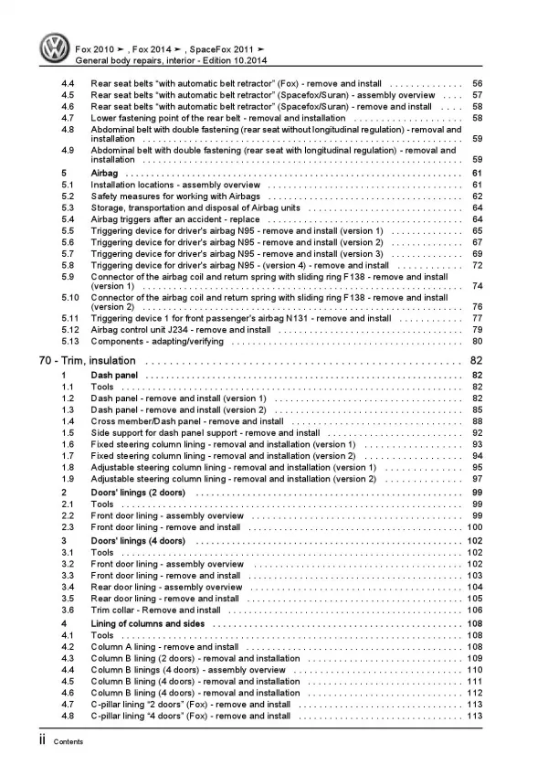VW Fox type 5Z (10-21) general body repairs interior repair workshop manual pdf