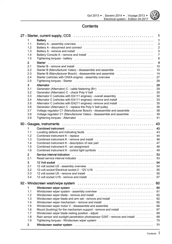 VW Gol 3 type 5U3 2012-2017 electrical system repair workshop manual pdf eBook