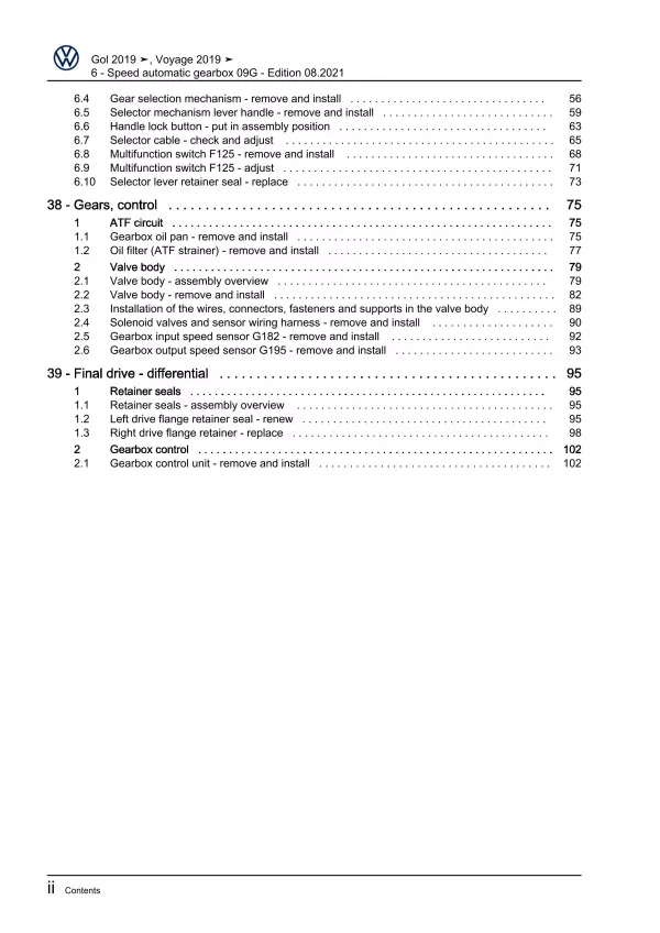 VW Gol 3 5U7 (17-22) 6 speed automatic gearbox 09G repair workshop manual eBook