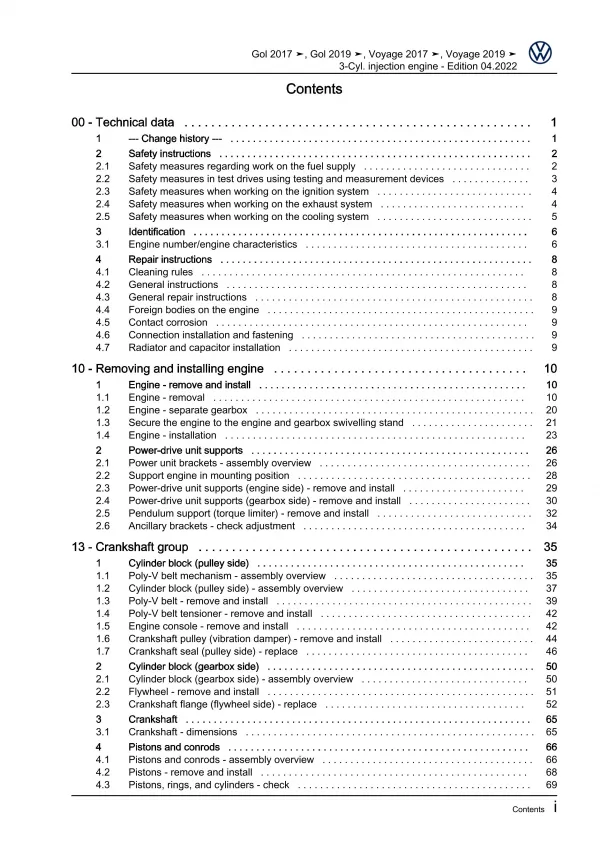 VW Gol 3 5U7 2017-2022 3-cyl. 1.0l petrol engines 82 hp repair workshop eBook