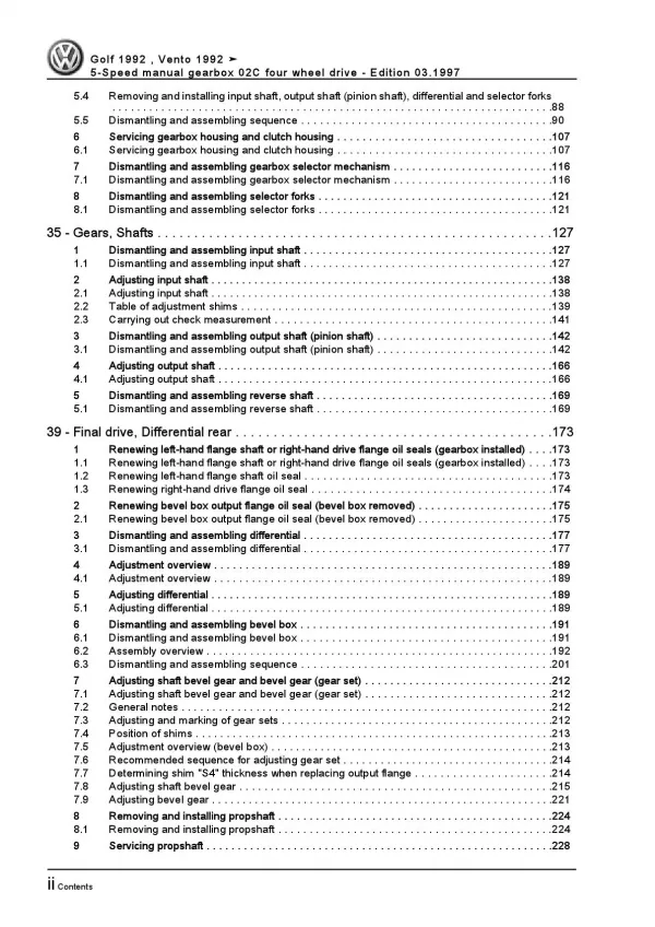 VW Golf 3 type 1H (91-99) 5 speed manual gearbox 02C repair workshop manual pdf