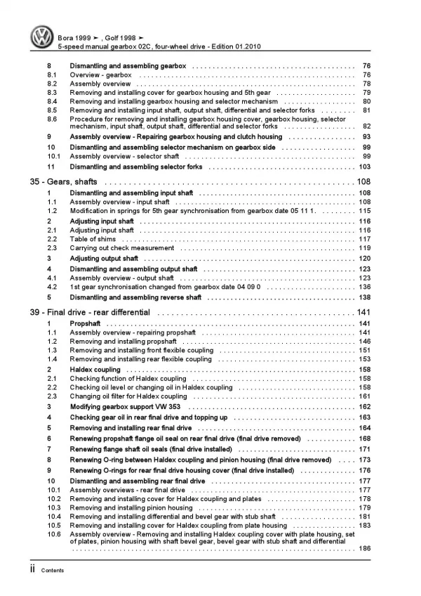 VW Golf 4 type 1J (97-06) 5 speed manual gearbox 02C repair workshop manual pdf