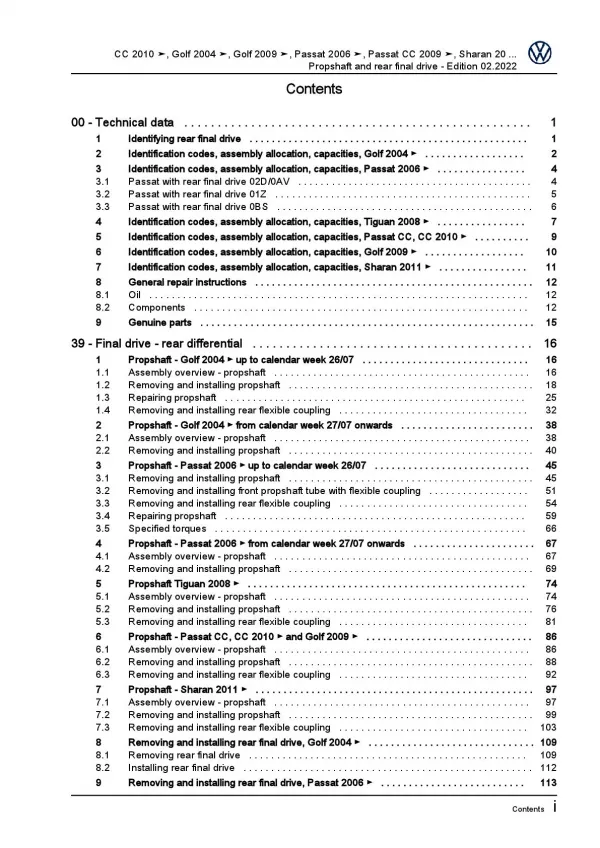 VW Golf 5 1K 2003-2008 propshaft and rear final drive repair workshop manual pdf