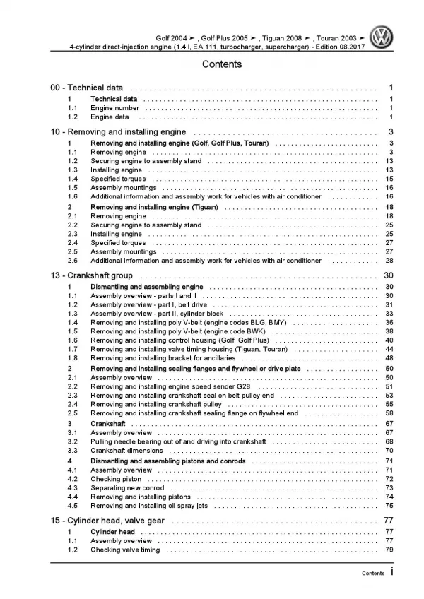 VW Golf 5 1K 2003-2008 4-cyl. 1.4l petrol engines 140-170 hp repair manual pdf