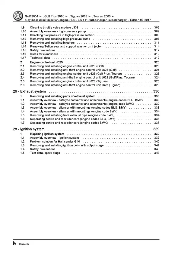 VW Golf 5 1K 2003-2008 4-cyl. 1.4l petrol engines 140-170 hp repair manual pdf