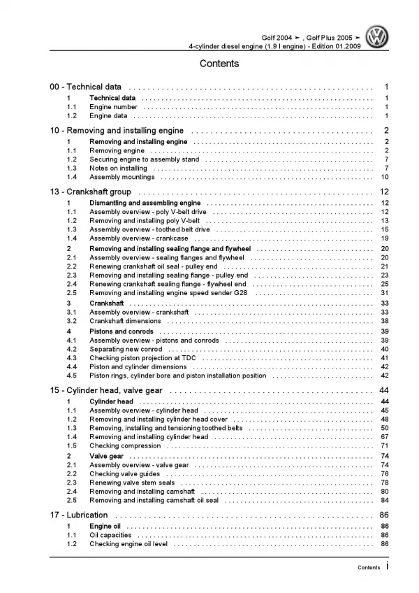 VW Golf 5 1K (03-08) 4-cyl. diesel engines 90-105 hp repair workshop manual pdf