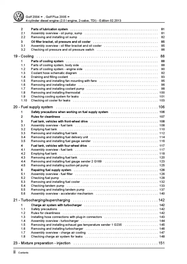 VW Golf 5 1K 2003-2008 4-cyl. diesel engines 140 hp repair workshop manual pdf