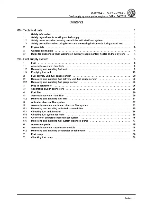 VW Golf 5 1K 03-08 fuel supply system petrol engines repair workshop manual pdf