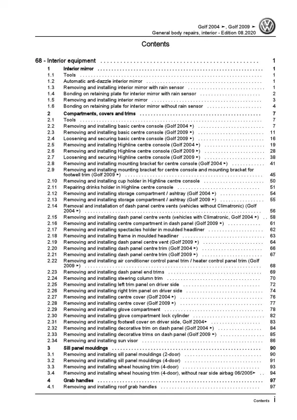 VW Golf 5 1K 2003-2008 general body repairs interior repair workshop manual pdf