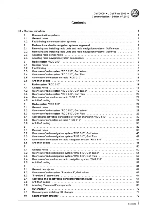 VW Golf 6 type 1K 5K 2008-2012 communication radio navigation repair manual pdf