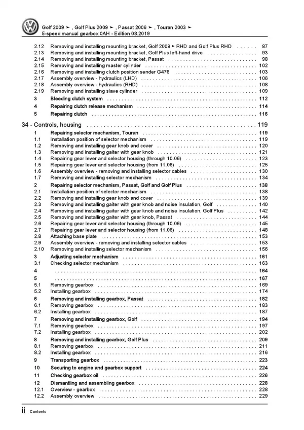 VW Golf 6 1K 5K 2008-2012 5 speed manual gearbox 0AH repair workshop manual pdf