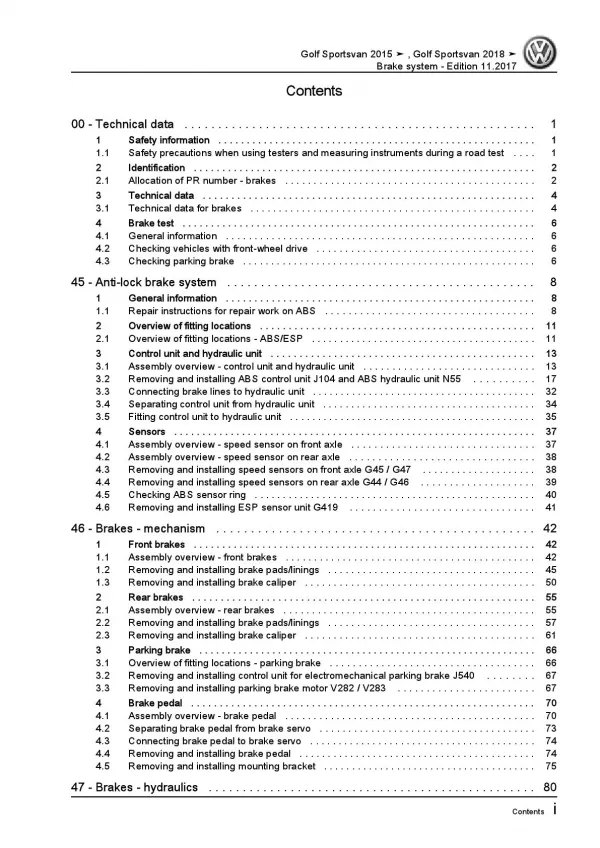 VW Golf 7 Sportsvan AM 2014-2018 brake systems repair workshop manual pdf ebook