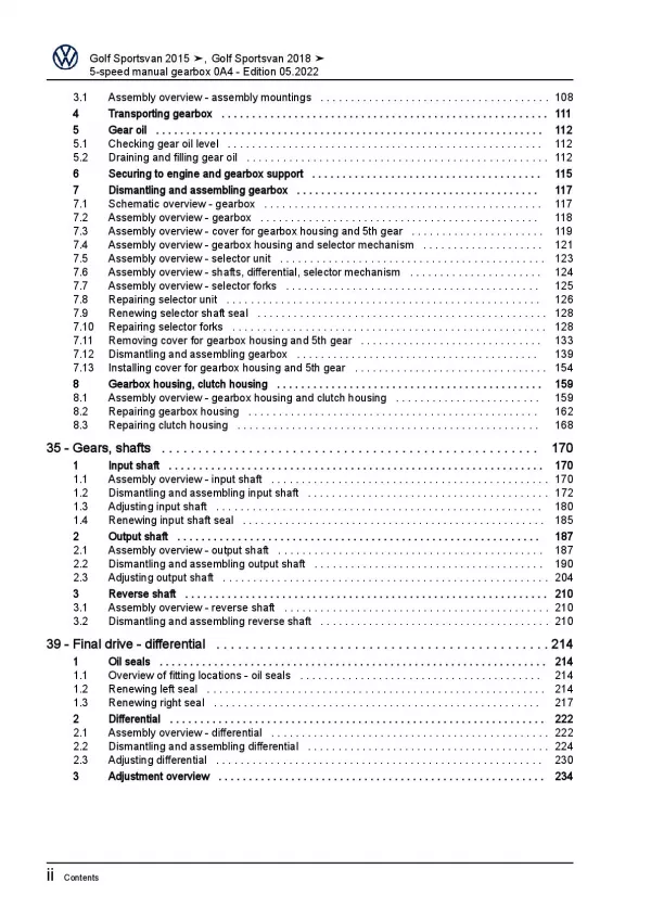 VW Golf 7 Sportsvan AM 2014-2018 5 speed manual gearbox 0A4 repair manual pdf