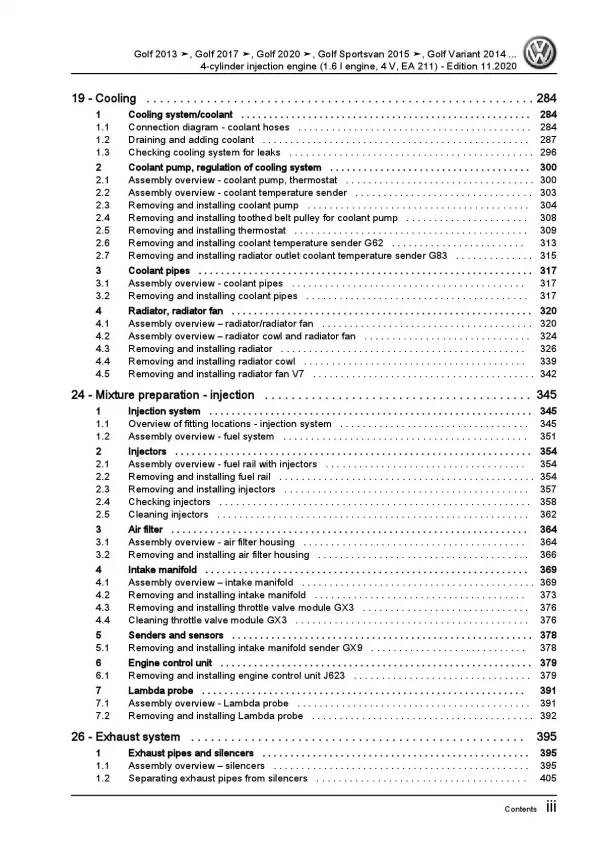 VW Golf 7 Sportsvan AM (14-18) 4-cyl. petrol engines 90-110 hp repair manual pdf