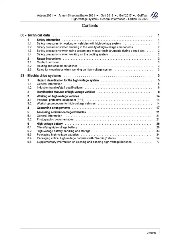 VW e-Golf 7 type BE1 BE2 (14-20) high voltage system repair workshop manual pdf