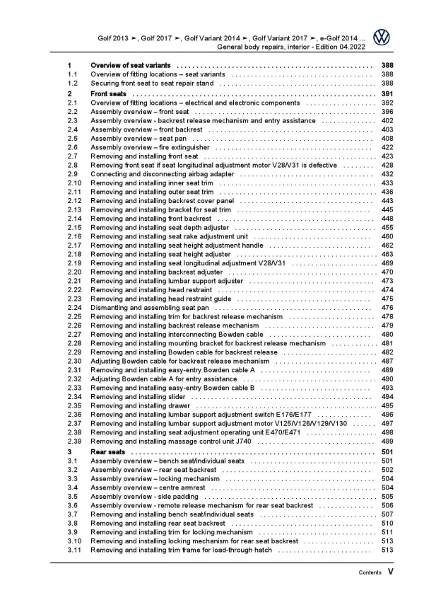 VW e-Golf 7 type BE1 BE2 (14-20) general body repairs interior repair manual pdf