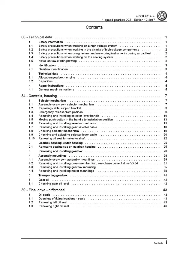 VW e-Golf 7 type BE1 2014-2017 1 speed gearbox 0CZ repair workshop manual pdf