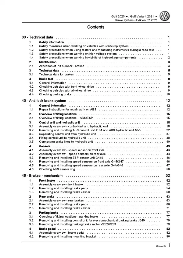 VW Golf 8 type CD from 2019 brake systems repair workshop manual pdf ebook