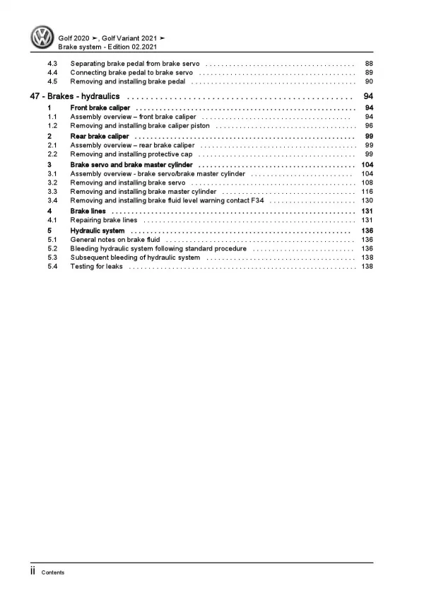 VW Golf 8 type CD from 2019 brake systems repair workshop manual pdf ebook