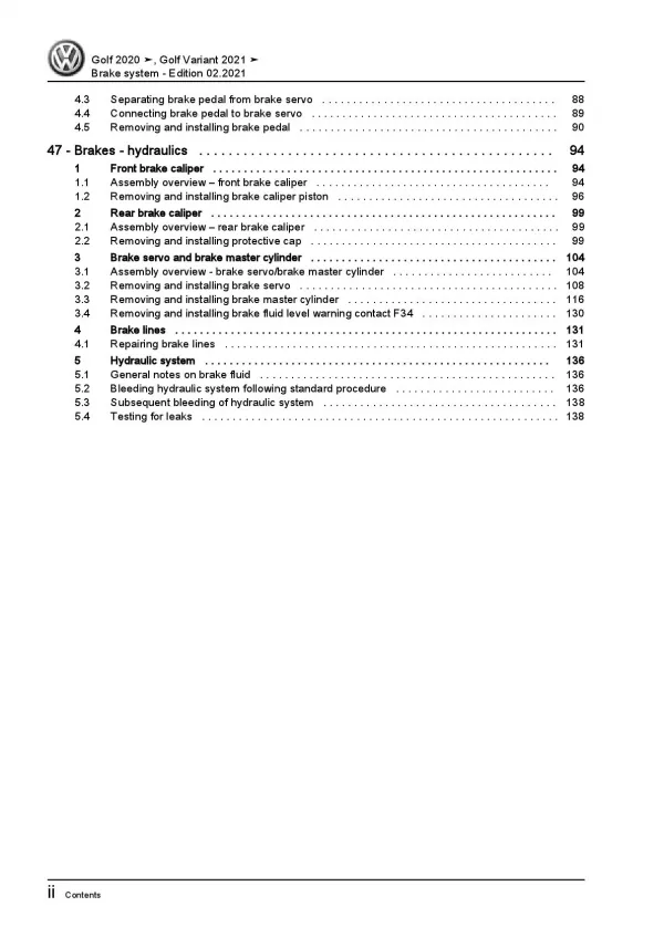 VW Golf 8 Variant type CG from 2020 brake systems repair workshop manual pdf