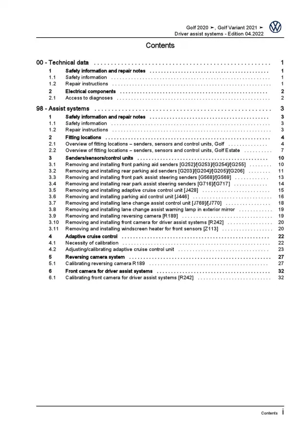 VW Golf 8 Variant CG from 2020 drivers assist system repairs workshop manual pdf