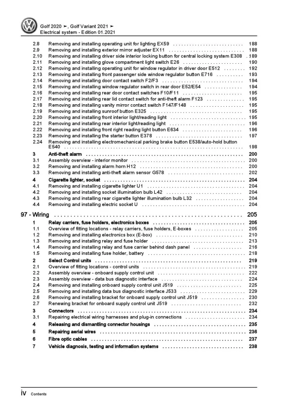 VW Golf 8 Variant type CG from 2020 electrical system repair workshop manual pdf