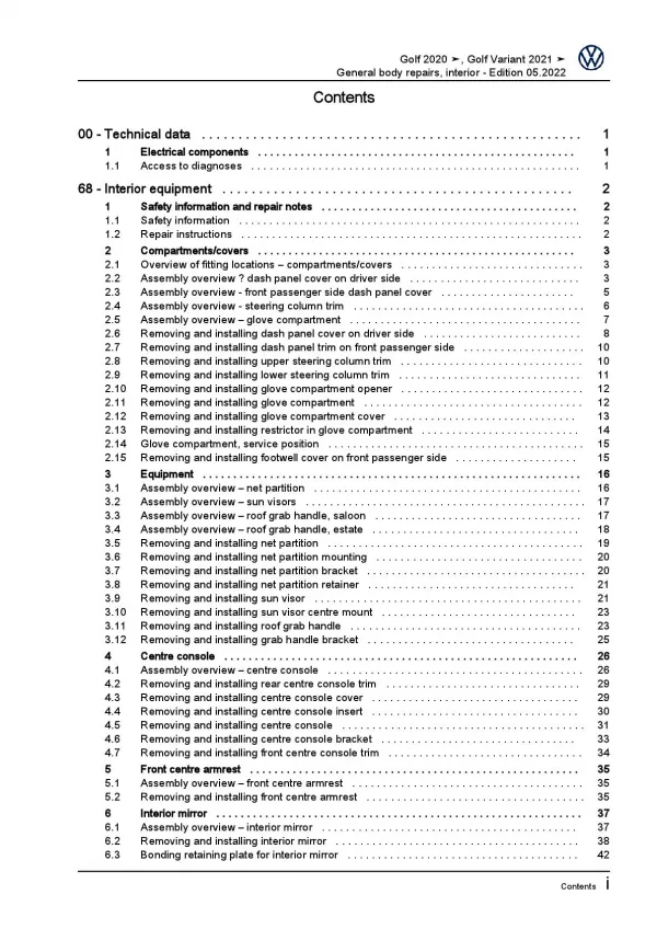 VW Golf 8 Variant CG from 2020 general body repairs interior repair manual pdf