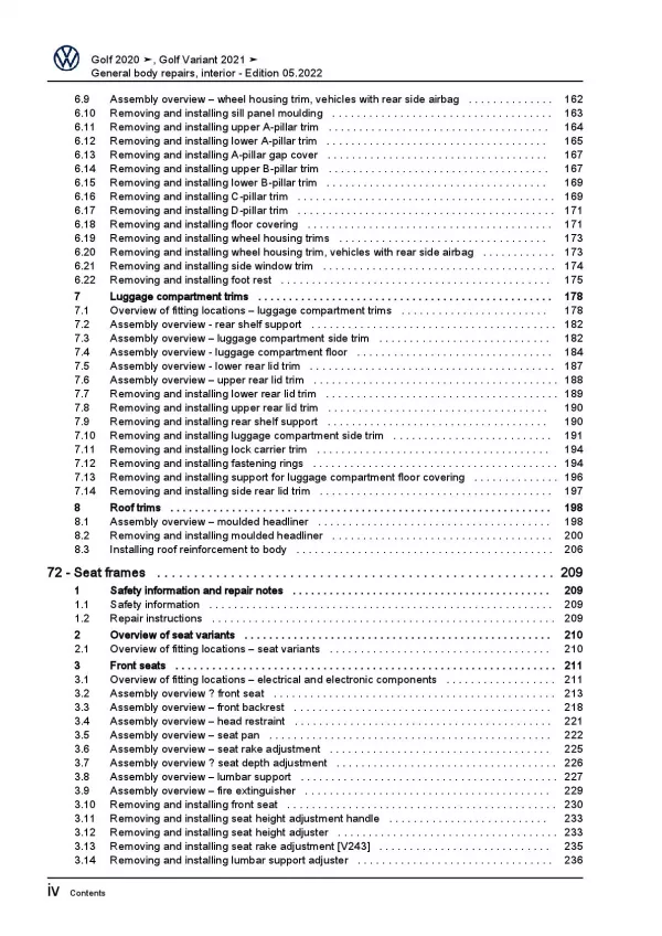 VW Golf 8 Variant CG from 2020 general body repairs interior repair manual pdf