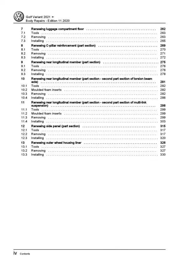 VW Golf 8 Variant type CG from 2020 body repairs workshop repair manual pdf