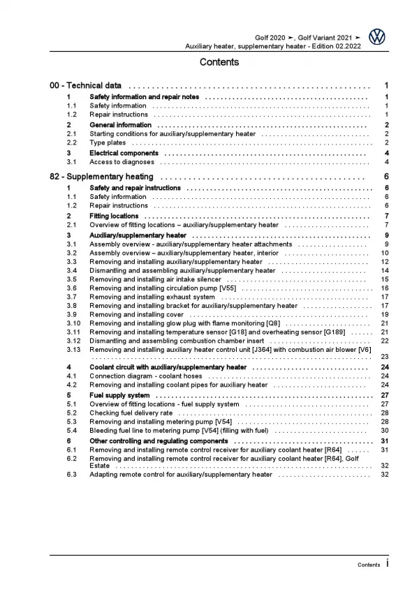 VW Golf 8 Variant type CG from 2020 auxiliary heater repair workshop manual pdf