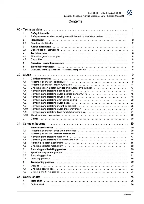 VW Golf 8 Variant CG (20>) installed 6 speed manual gearbox 0C9 repair manual