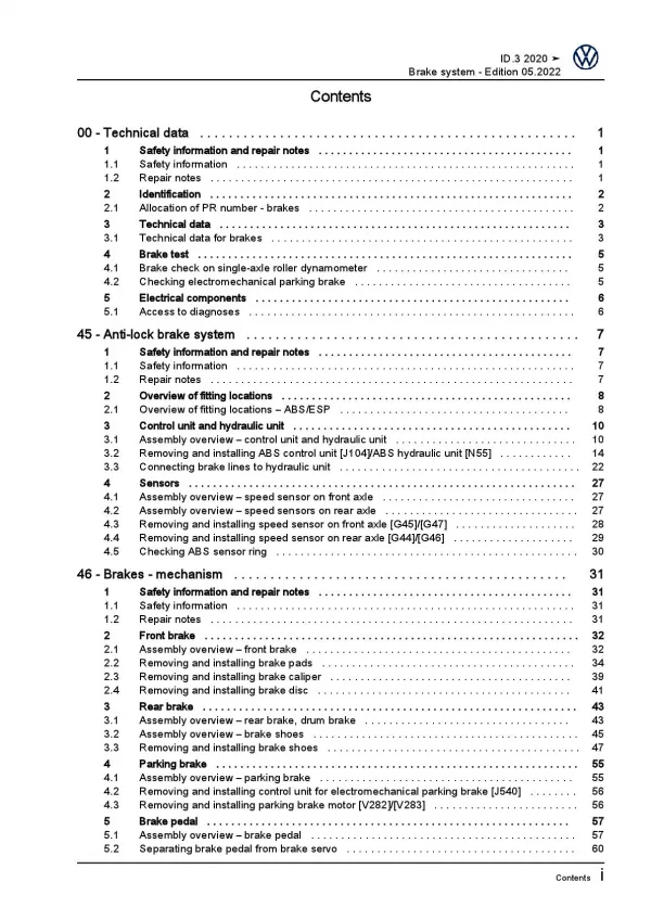 VW ID.3 type E11 from 2019 brake systems repair workshop manual pdf ebook