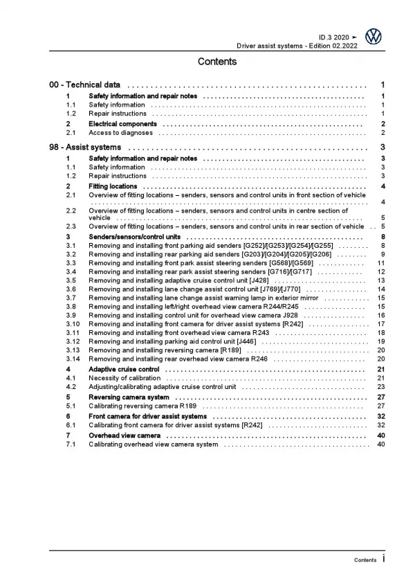 VW ID.3 type E11 from 2019 drivers assist system repairs workshop manual pdf