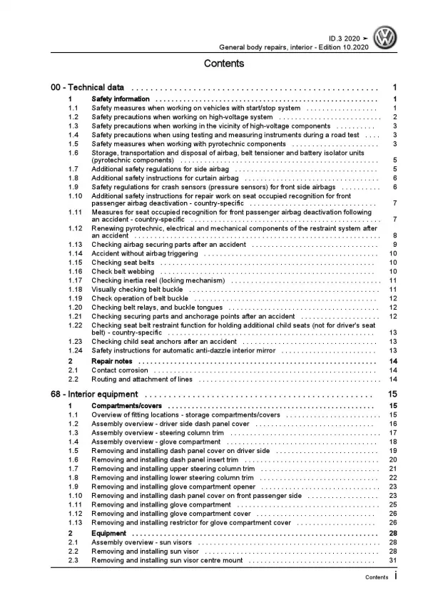 VW ID.3 type E11 from 2019 general body repairs interior repair manual pdf ebook