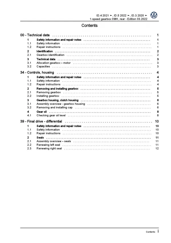 VW ID.4 type E21 from 2020 1 speed gearbox 0MH rear repair workshop manual pdf