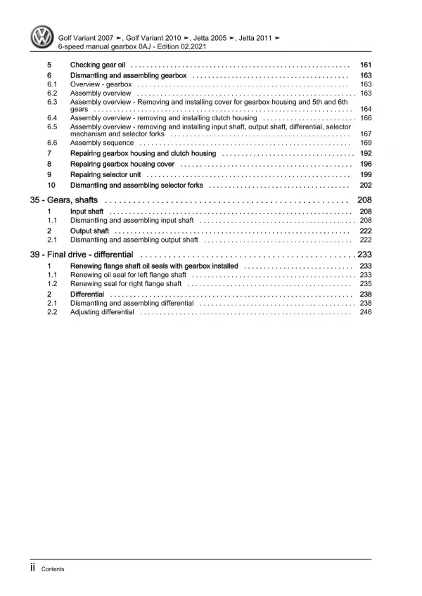 VW Jetta type 1K 2004-2010 6 speed manual gearbox 0AJ repair workshop manual pdf