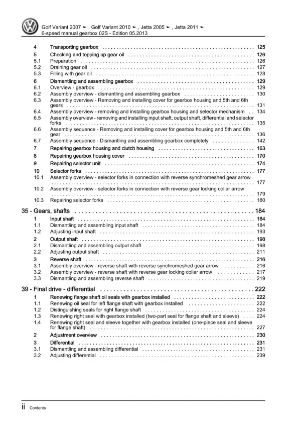 VW Jetta type 1K 2004-2010 6 speed manual gearbox 02S repair workshop manual pdf