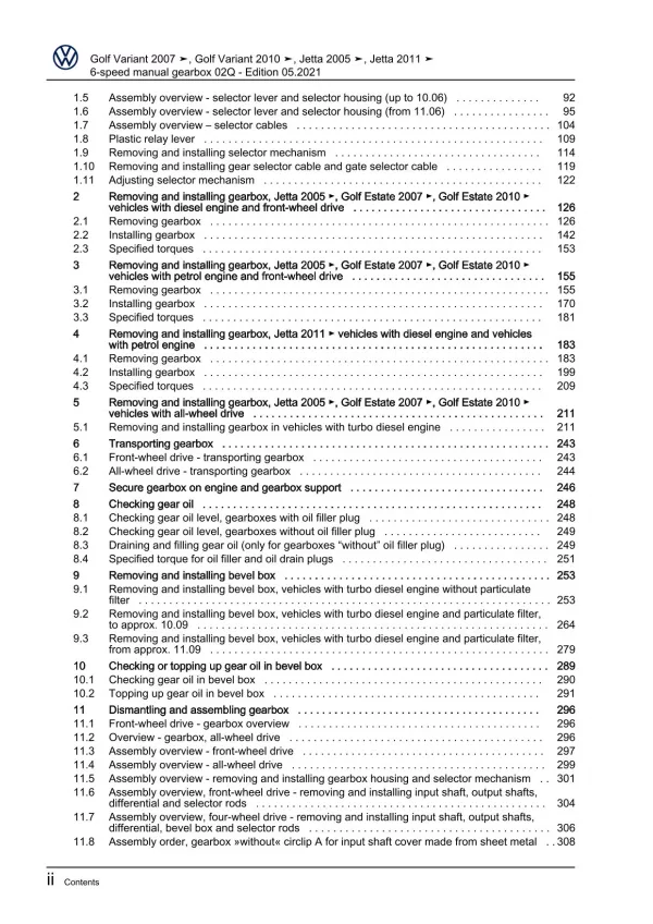 VW Jetta type 1K 2004-2010 6 speed manual gearbox 02Q repair workshop manual pdf