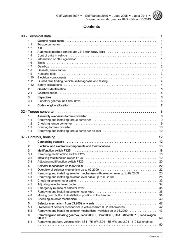 VW Jetta 1K 2004-2010 6 speed automatic gearbox 09G repair workshop manual pdf