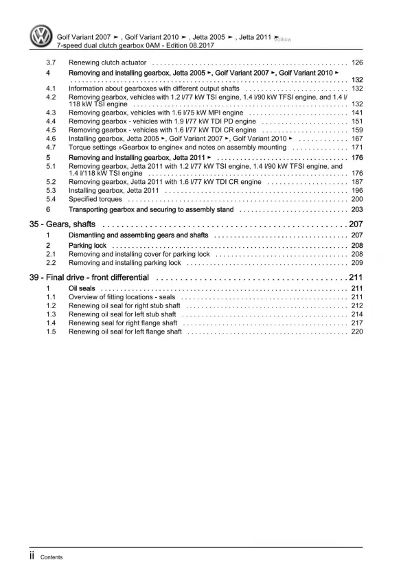 VW Jetta 1K 2004-2010 7 speed dual clutch gearbox 0AM repair workshop manual pdf